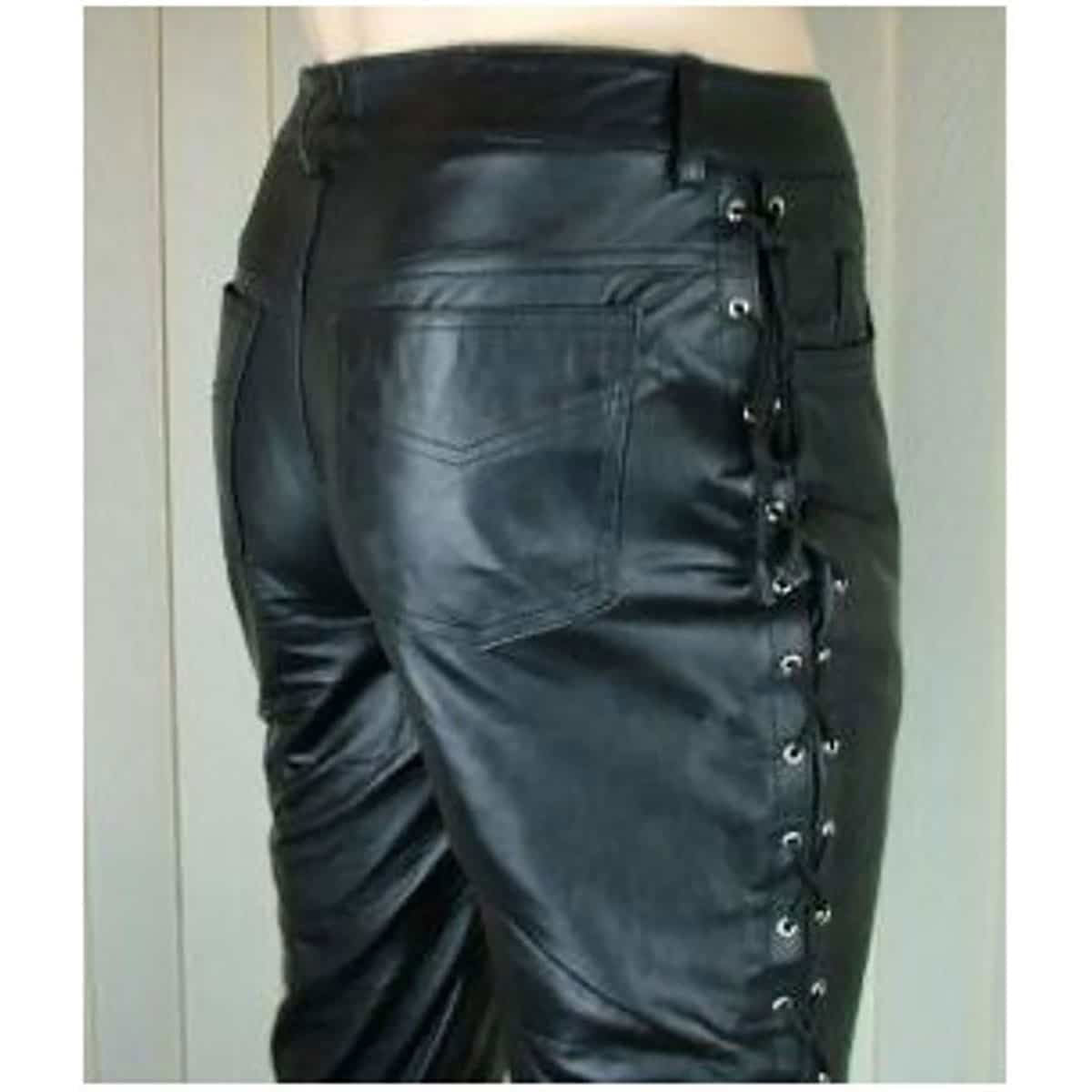 Men's Black Leather Side-Laced Trousers, view 4