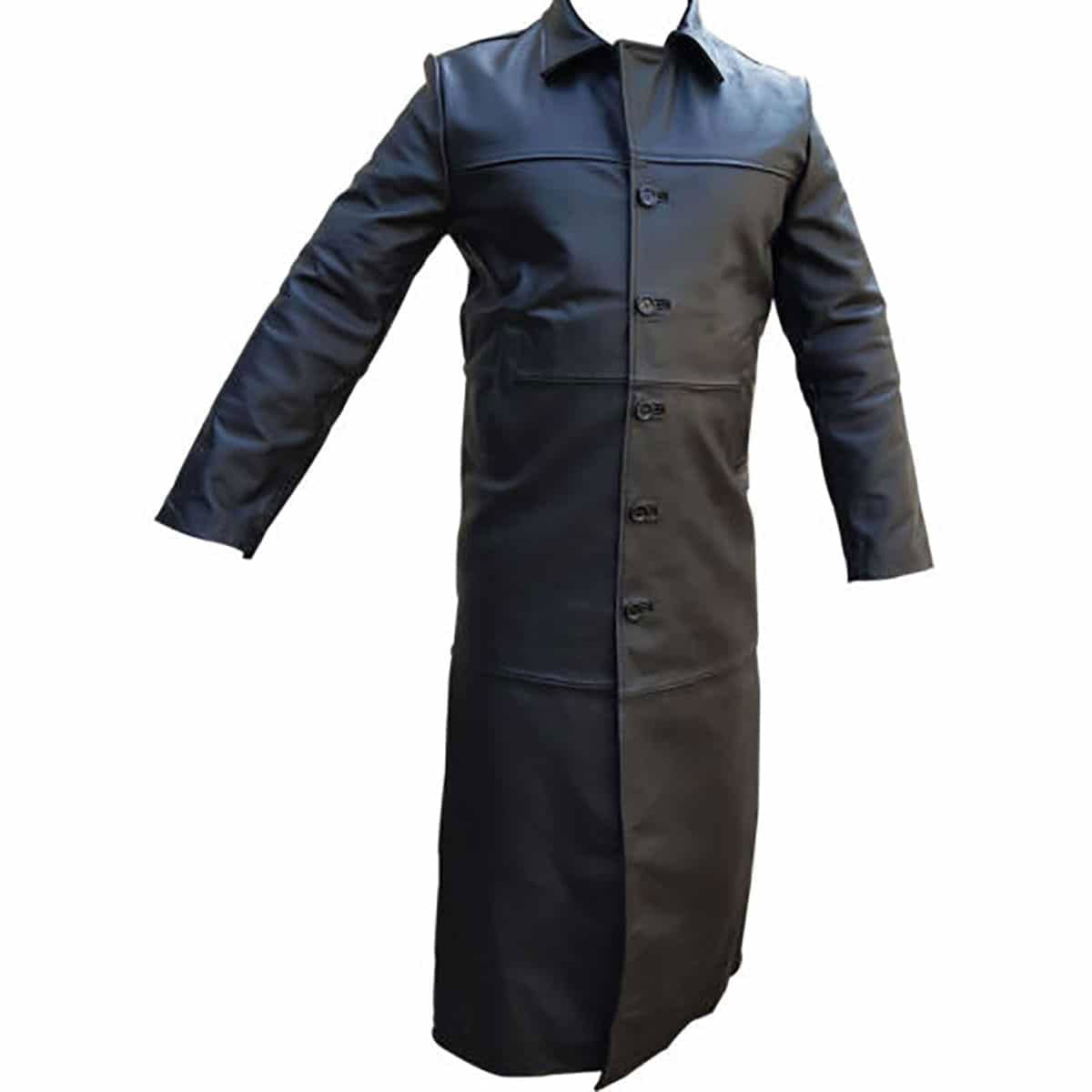 Men's Black Leather Single-Breasted Trench Coat
