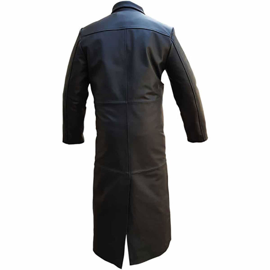 Men's Black Leather Single-Breasted Trench Coat, view 2