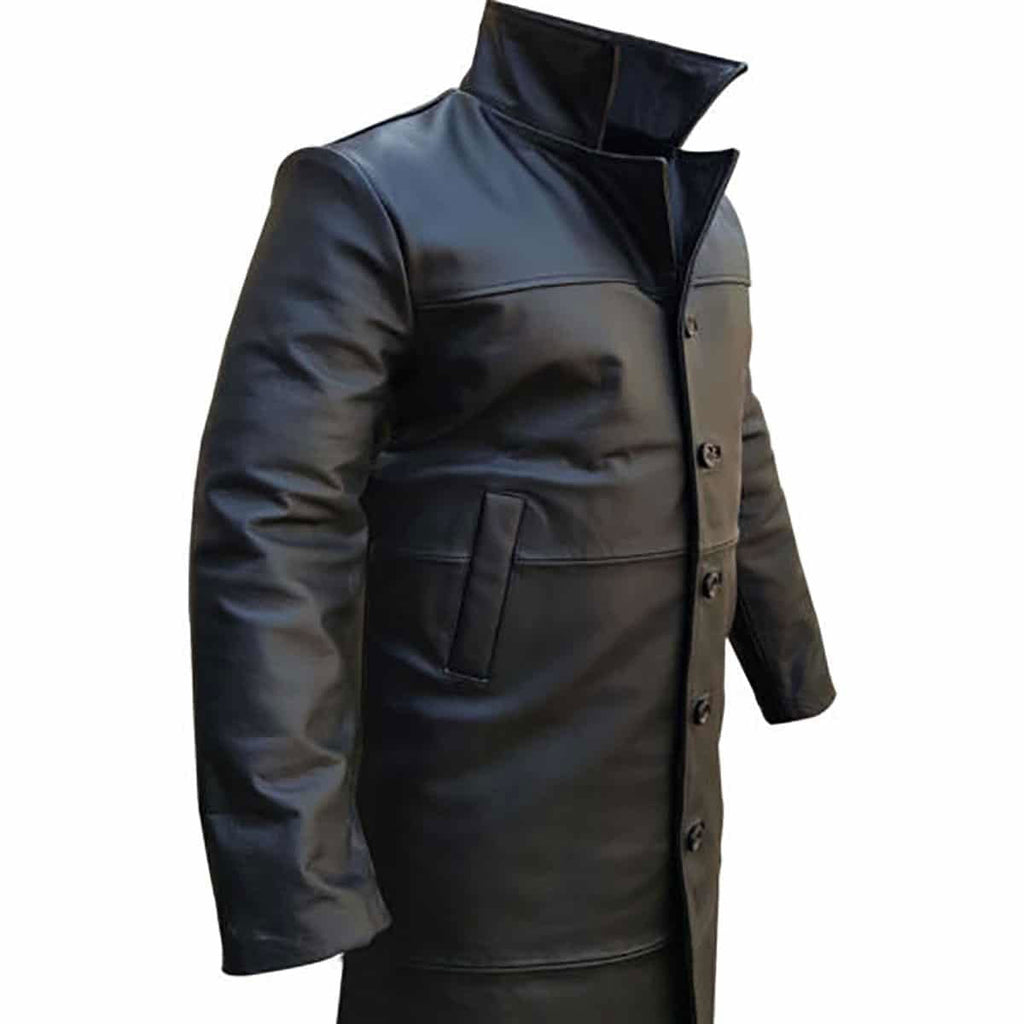 Men's Black Leather Single-Breasted Trench Coat, view 3