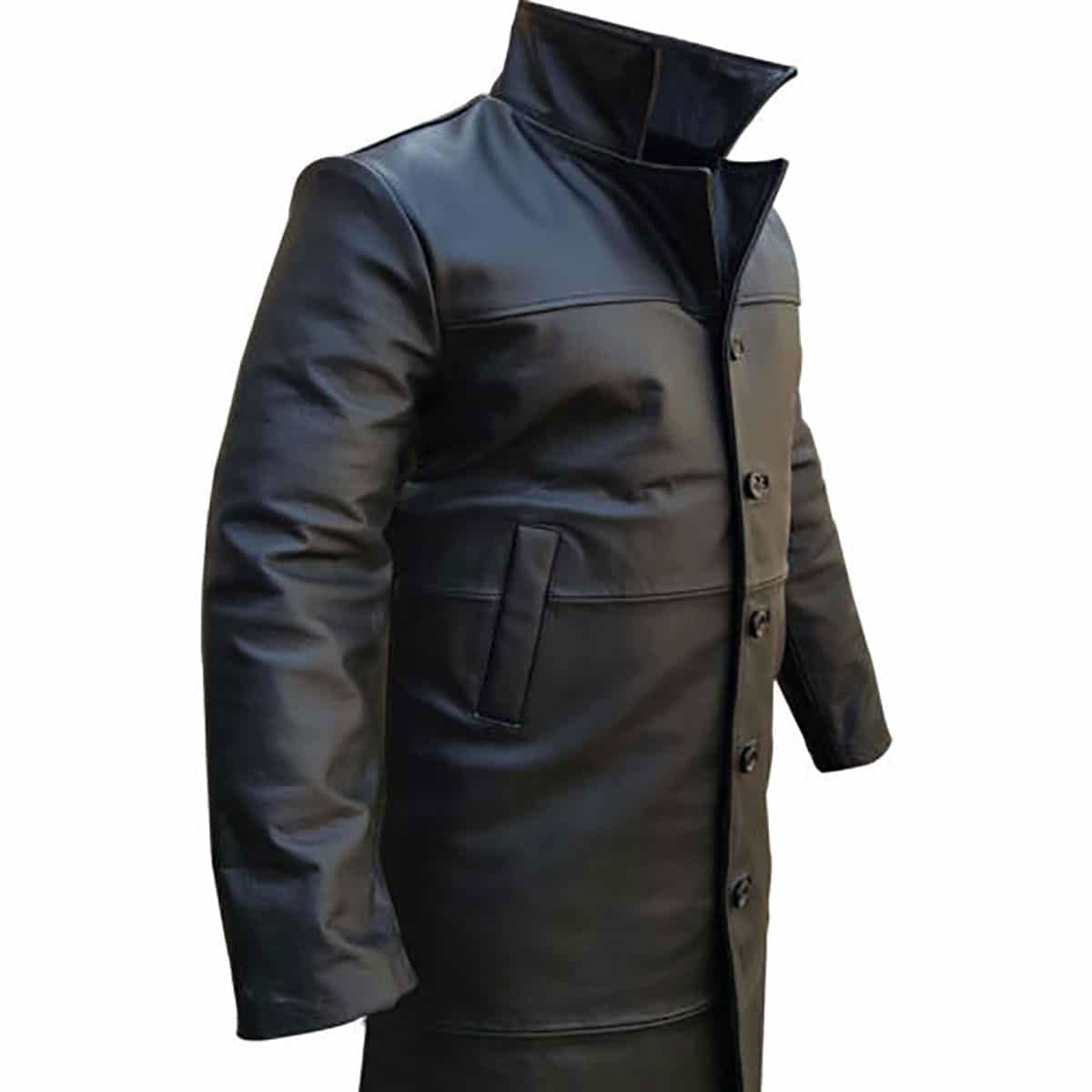 Men's Black Leather Single-Breasted Trench Coat, view 3