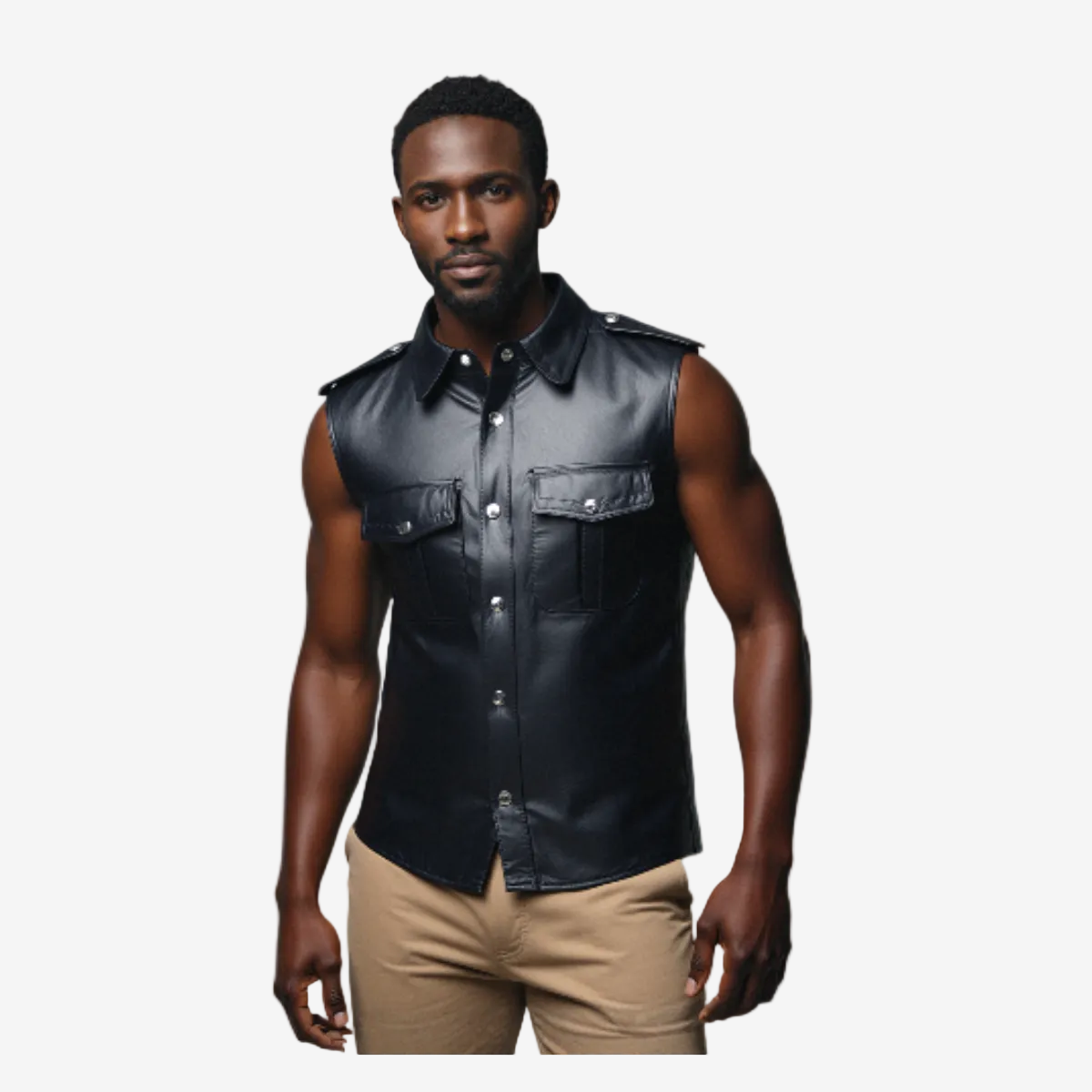 Men's Black Leather Sleeveless Uniform Shirt – Piping Options