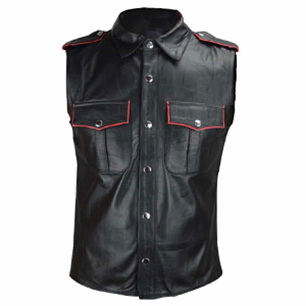 Men's Black Leather Sleeveless Uniform Shirt – Piping Options, view 2