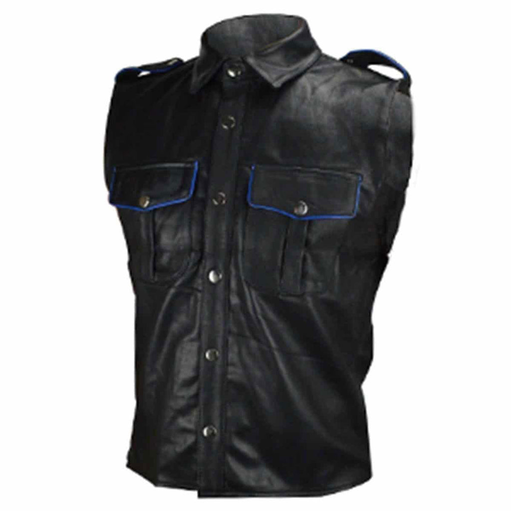 Men's Black Leather Sleeveless Uniform Shirt – Piping Options, view 3