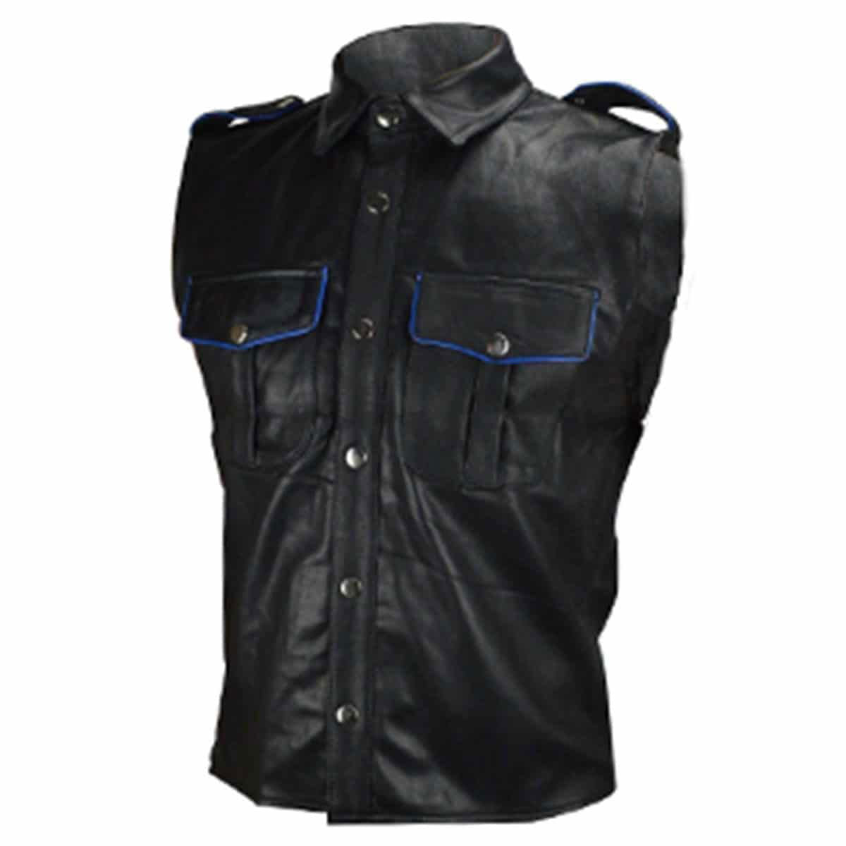 Men's Black Leather Sleeveless Uniform Shirt – Piping Options, view 3