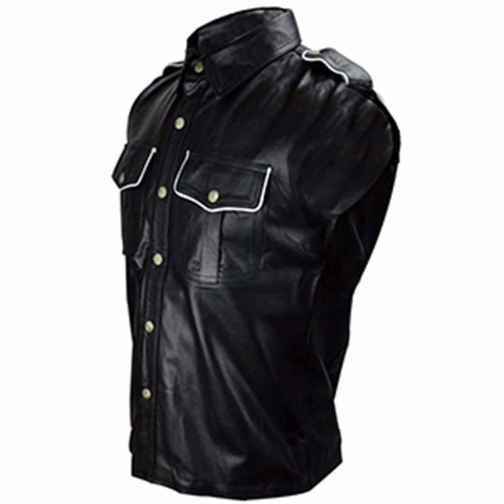 Men's Black Leather Sleeveless Uniform Shirt – Piping Options, view 4