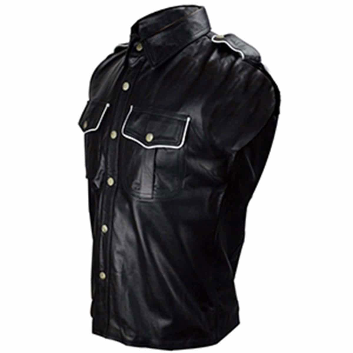 Men's Black Leather Sleeveless Uniform Shirt – Piping Options, view 4