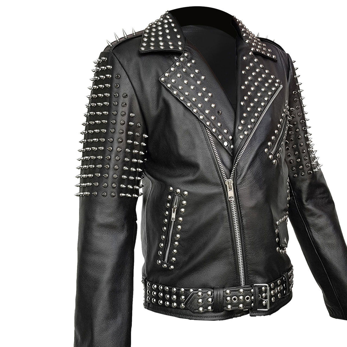 Men's Black Leather Spiked Punk Jacket, view 2
