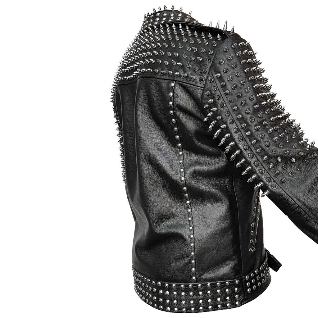 Men's Black Leather Spiked Punk Jacket, view 3