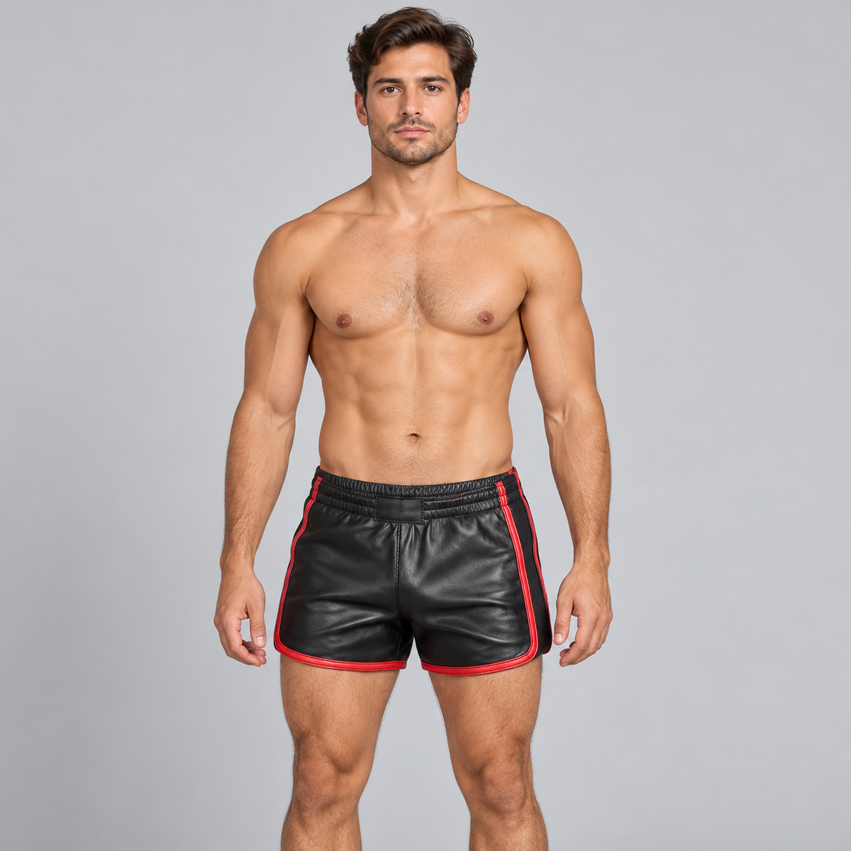 Men's Black Leather Sports Shorts – Red Piping