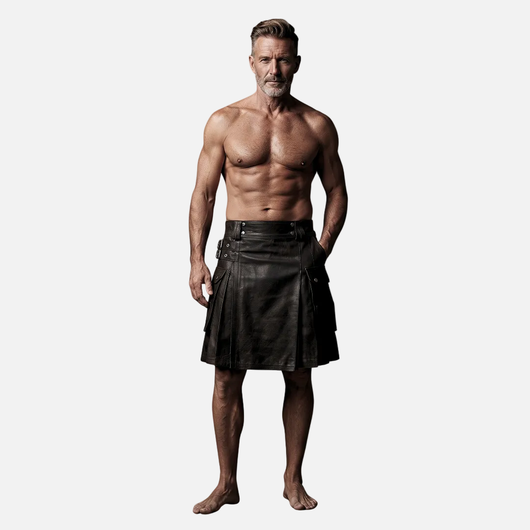 Men's Black Leather Utility Kilt – Flat Front, Cargo Pockets