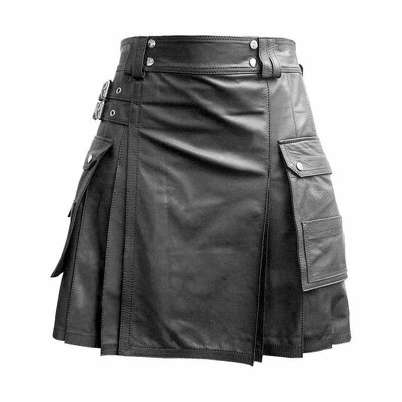 Men's Black Leather Utility Kilt – Flat Front, Cargo Pockets, view 2