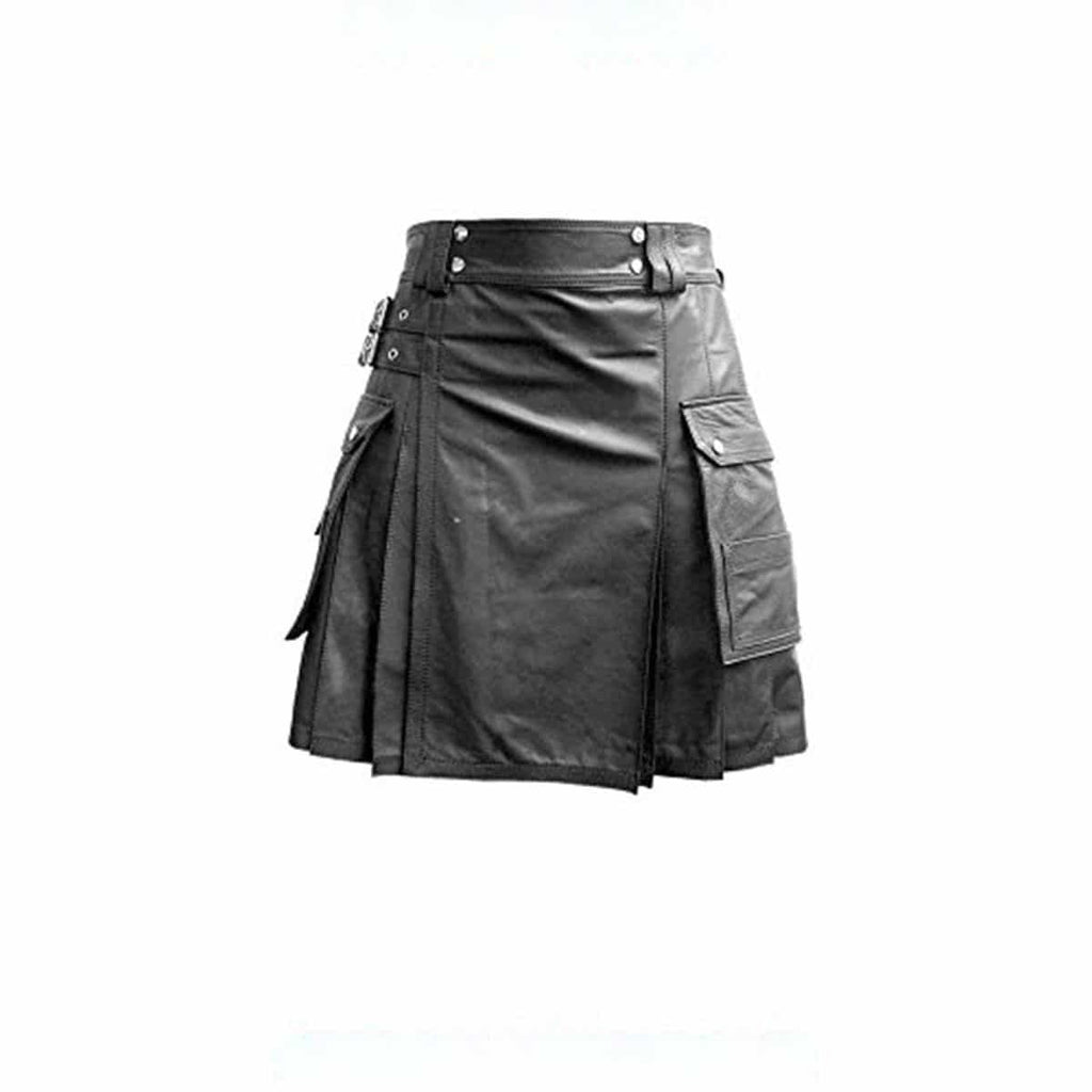 Men's Black Leather Utility Kilt – Flat Front, Cargo Pockets, view 3