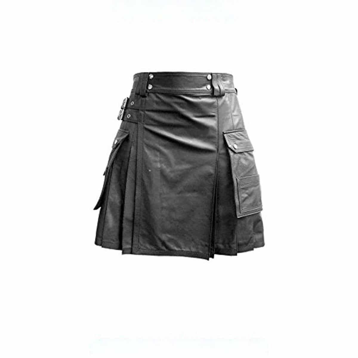 Men's Black Leather Utility Kilt – Flat Front, Cargo Pockets, view 3