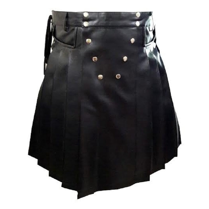 Men's Black Leather Wrap Kilt – Snap Front, Four Pockets
