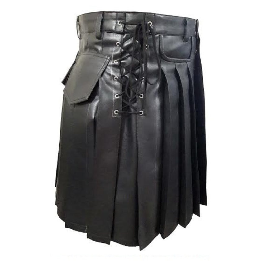 Men's Black Leather Wrap Kilt – Snap Front, Four Pockets, view 2