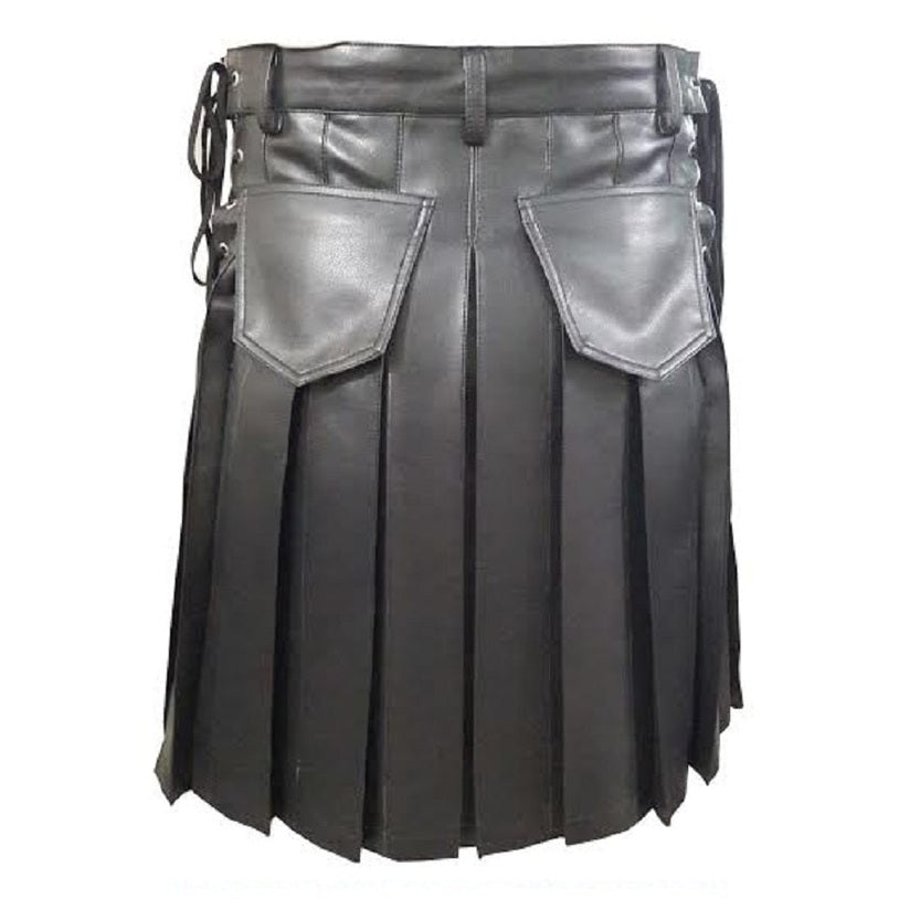 Men's Black Leather Wrap Kilt – Snap Front, Four Pockets, view 3