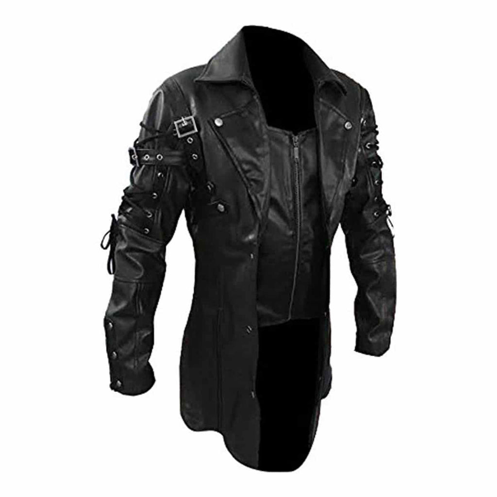 Men's Black Leather Zip Coat – Mid Length, view 3