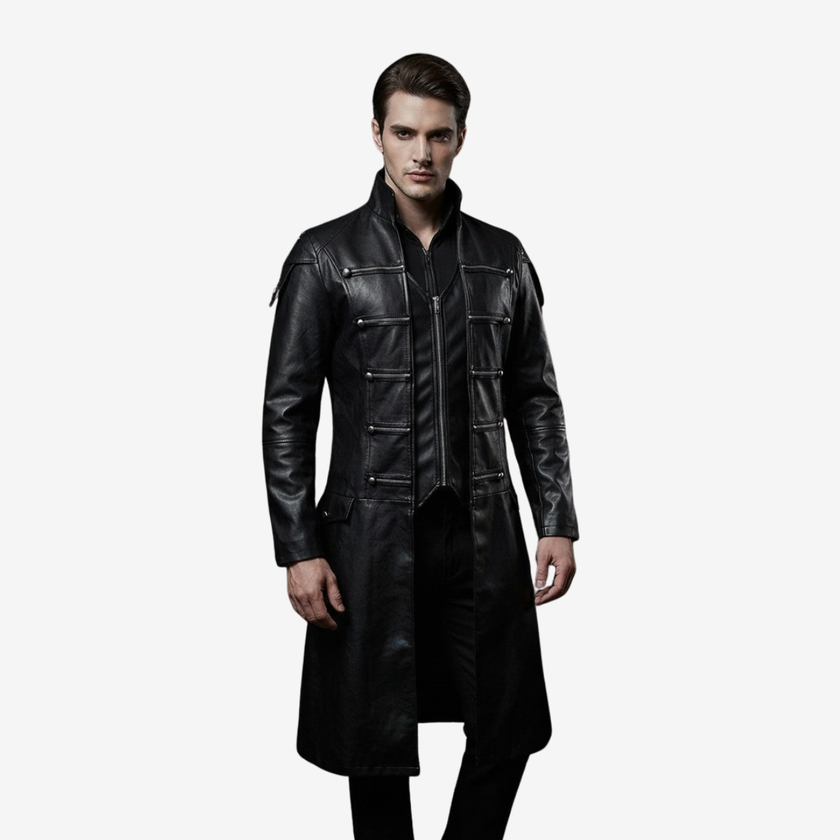 Men's Black Leather Zip Coat – Spiked Shoulders
