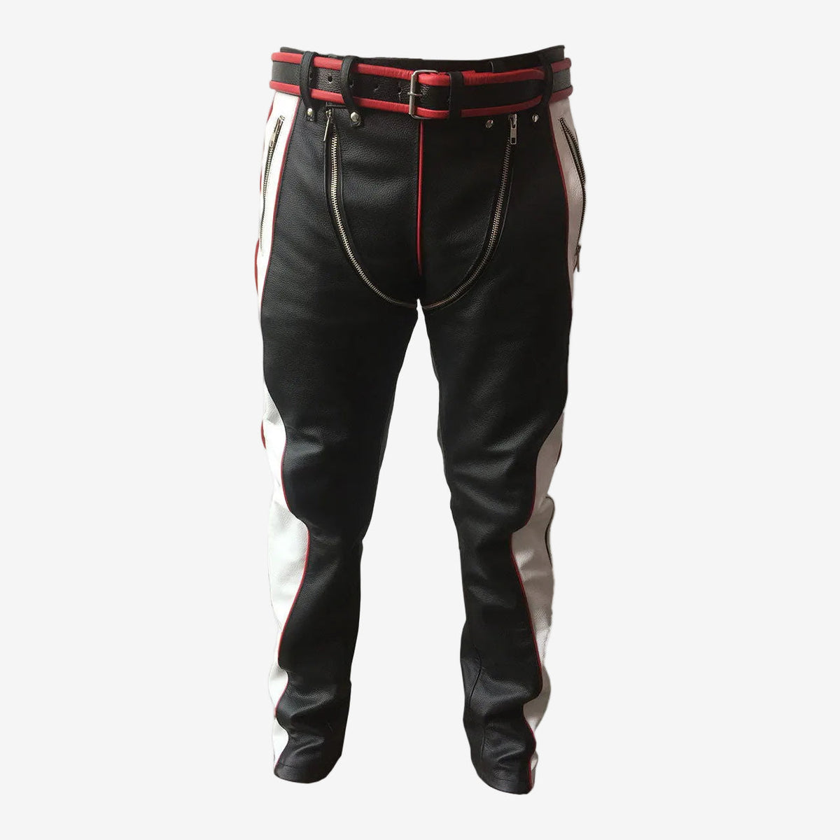 Men's Black, White & Red Leather Punk Strap Jeans