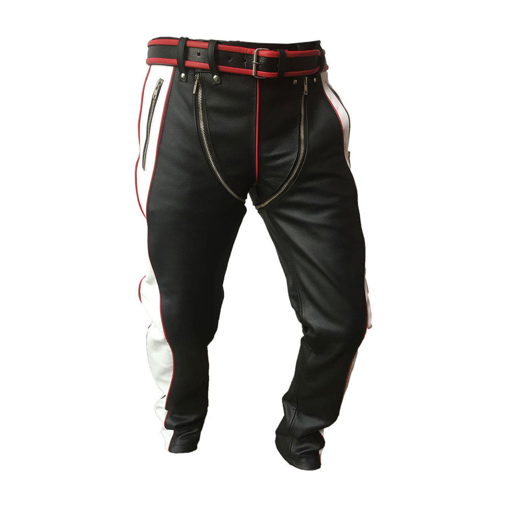 Men's Black, White & Red Leather Punk Strap Jeans, view 2