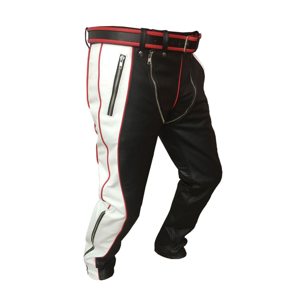 Men's Black, White & Red Leather Punk Strap Jeans, view 3