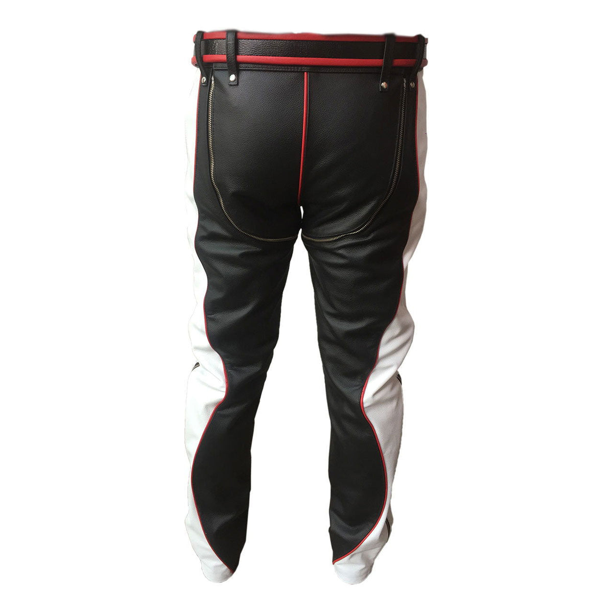 Men's Black, White & Red Leather Punk Strap Jeans, view 4