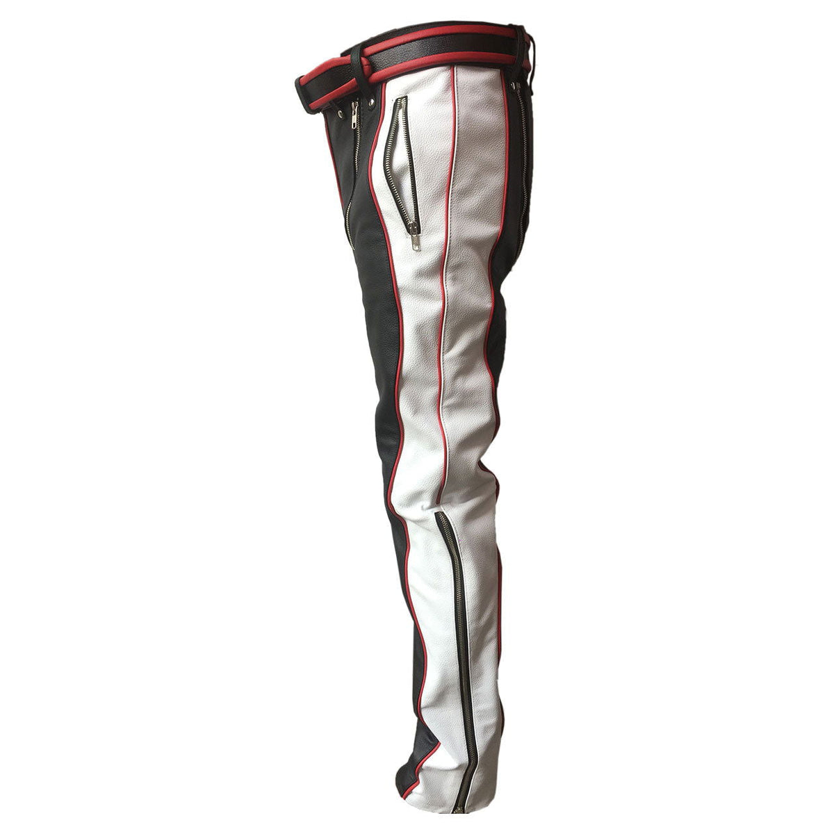 Men's Black, White & Red Leather Punk Strap Jeans, view 5