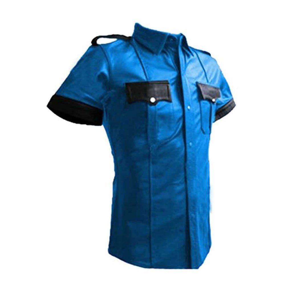 Men's Blue & Black Leather Uniform Shirt, view 3