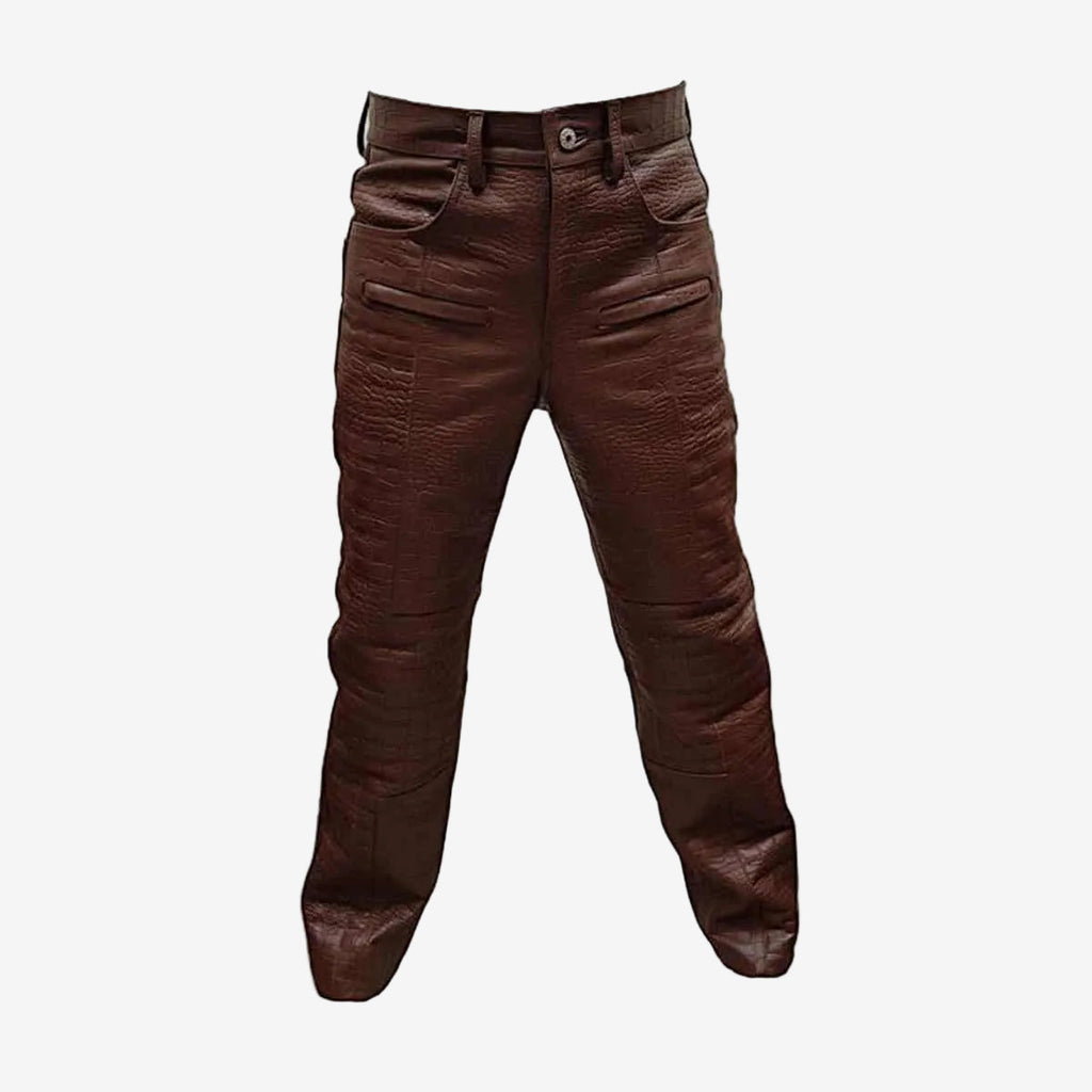 Men's Brown Croc-Print Leather Biker Trousers – Quilted Knees