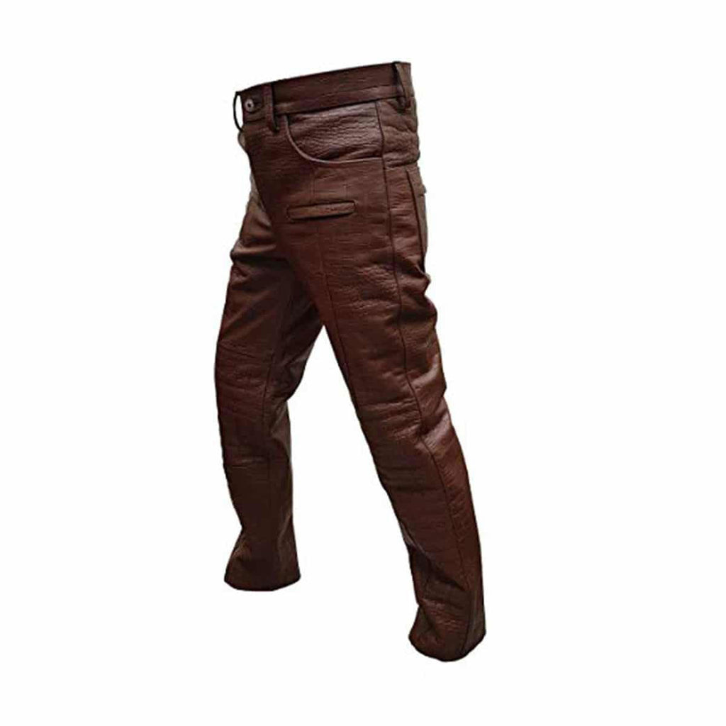 Men's Brown Croc-Print Leather Biker Trousers – Quilted Knees, view 2