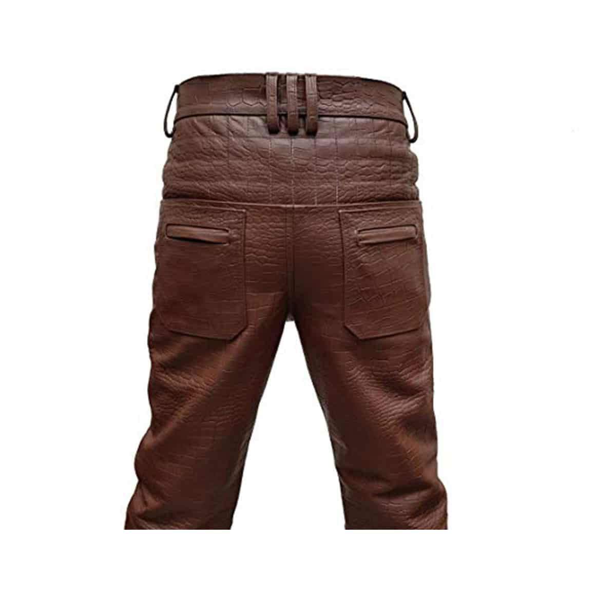 Men's Brown Croc-Print Leather Biker Trousers – Quilted Knees, view 3