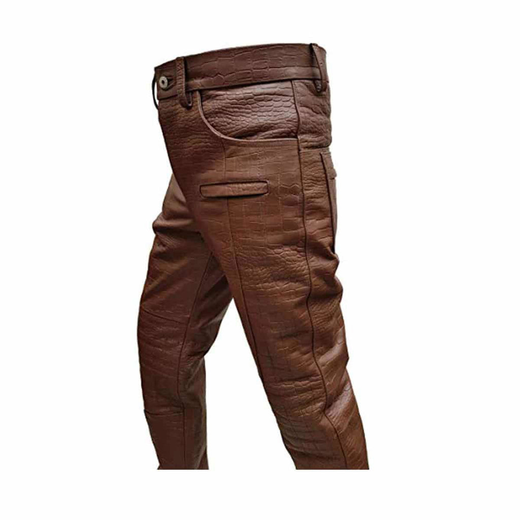 Men's Brown Croc-Print Leather Biker Trousers – Quilted Knees, view 4