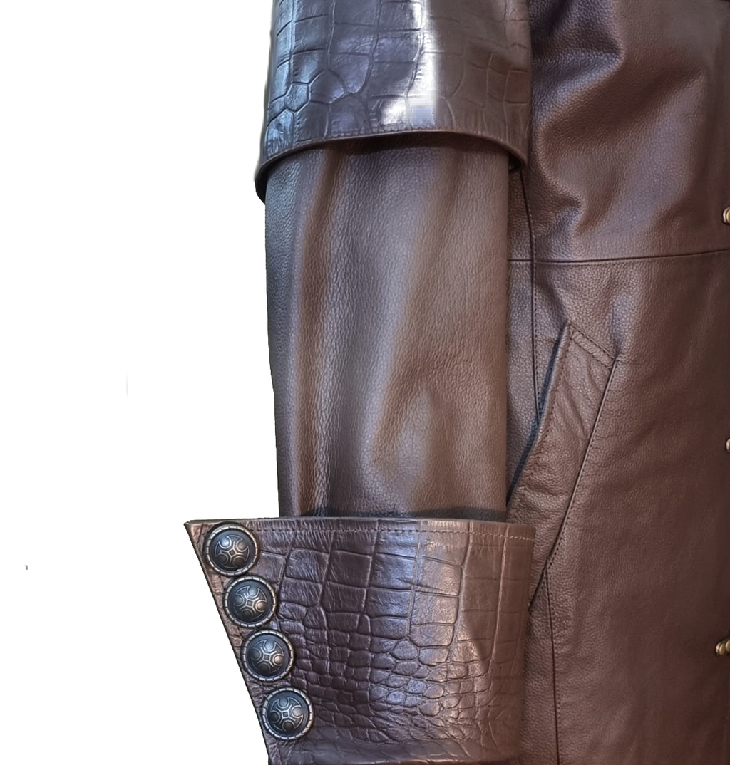 Men's Brown Croc-Print Leather Cape Coat, view 5