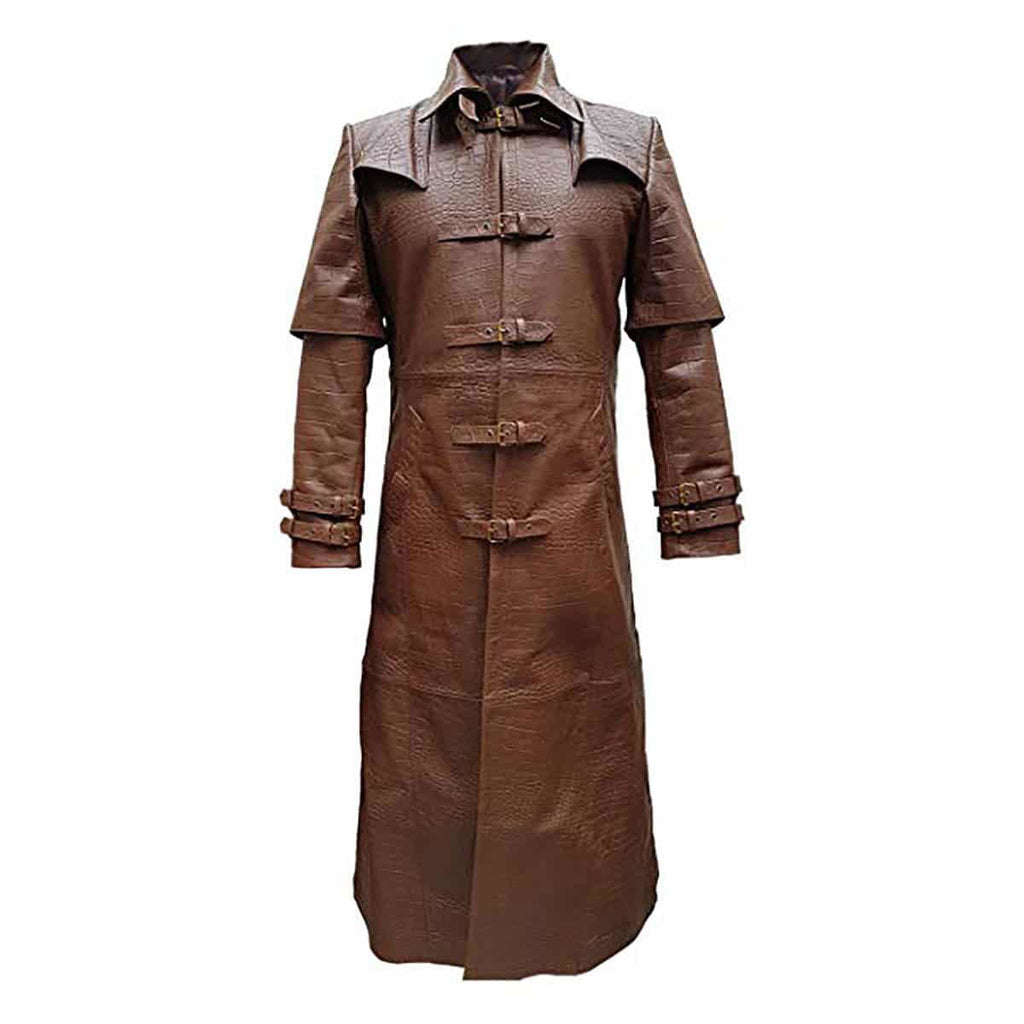 Men's Brown Croc-Print Leather Caped Duster, view 2
