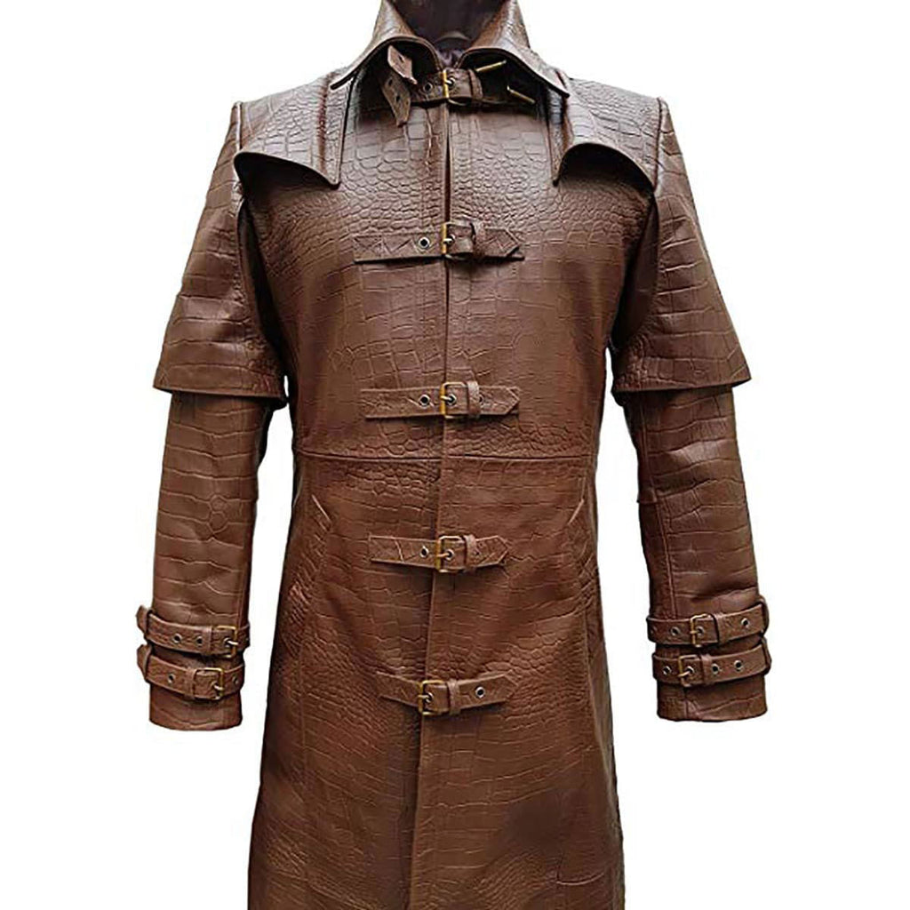 Men's Brown Croc-Print Leather Caped Duster, view 3