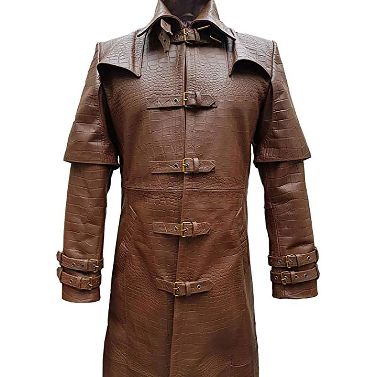 Men's Brown Croc-Print Leather Caped Duster, view 3
