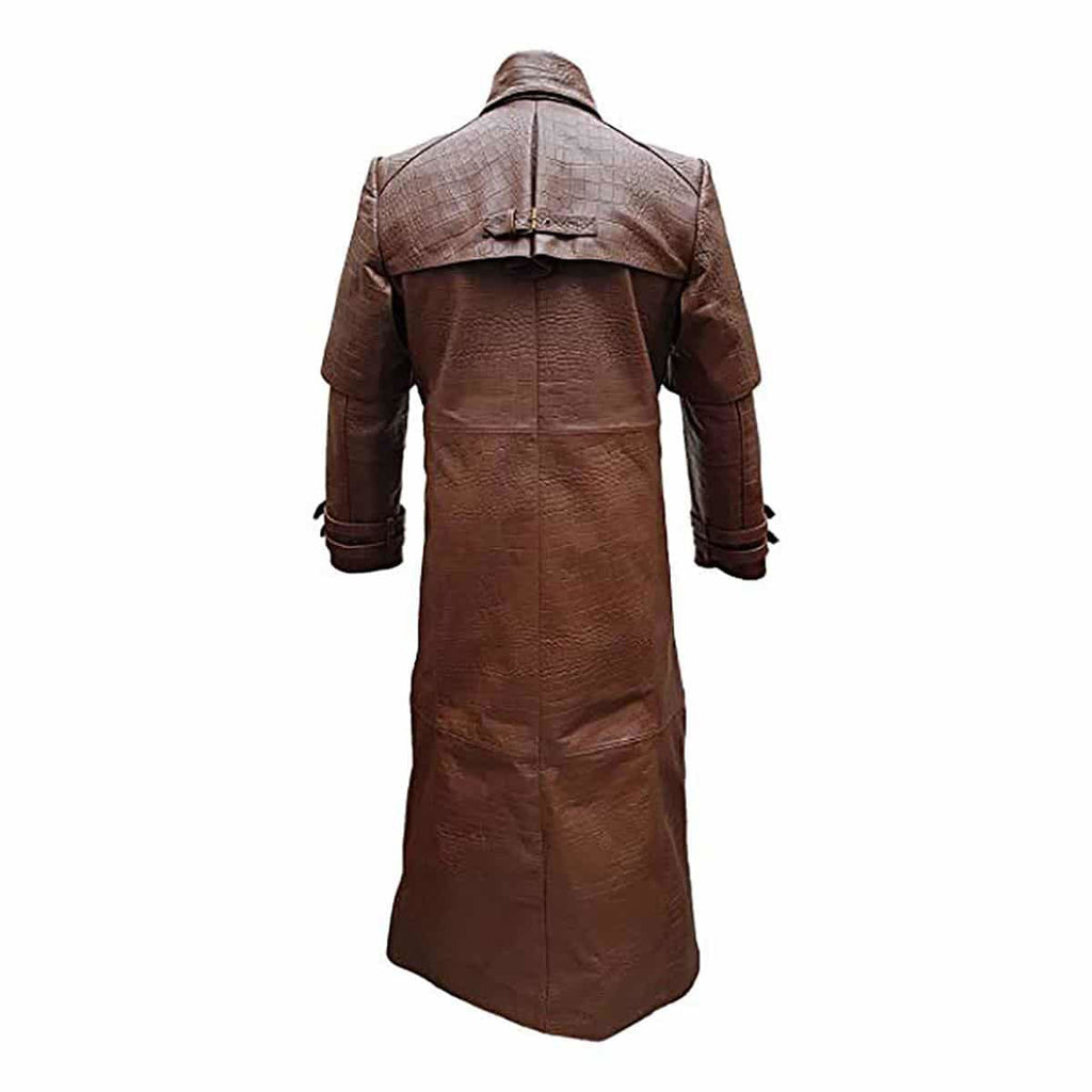 Men's Brown Croc-Print Leather Caped Duster, view 4