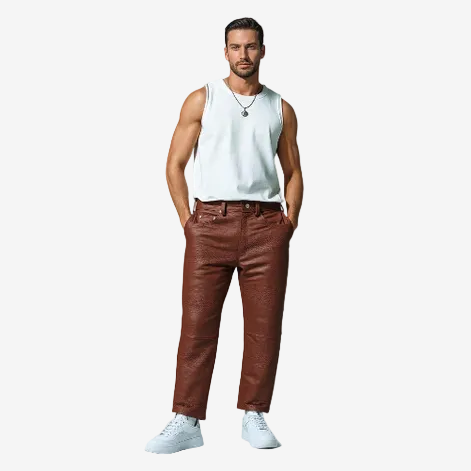 Men's Brown Croc-Print Leather Five-Pocket Jeans