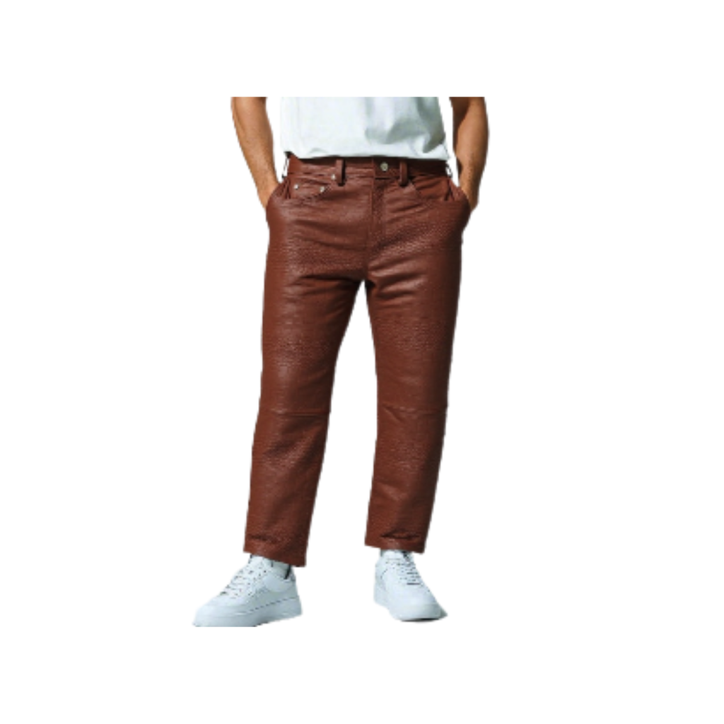 Men's Brown Croc-Print Leather Five-Pocket Jeans, view 2