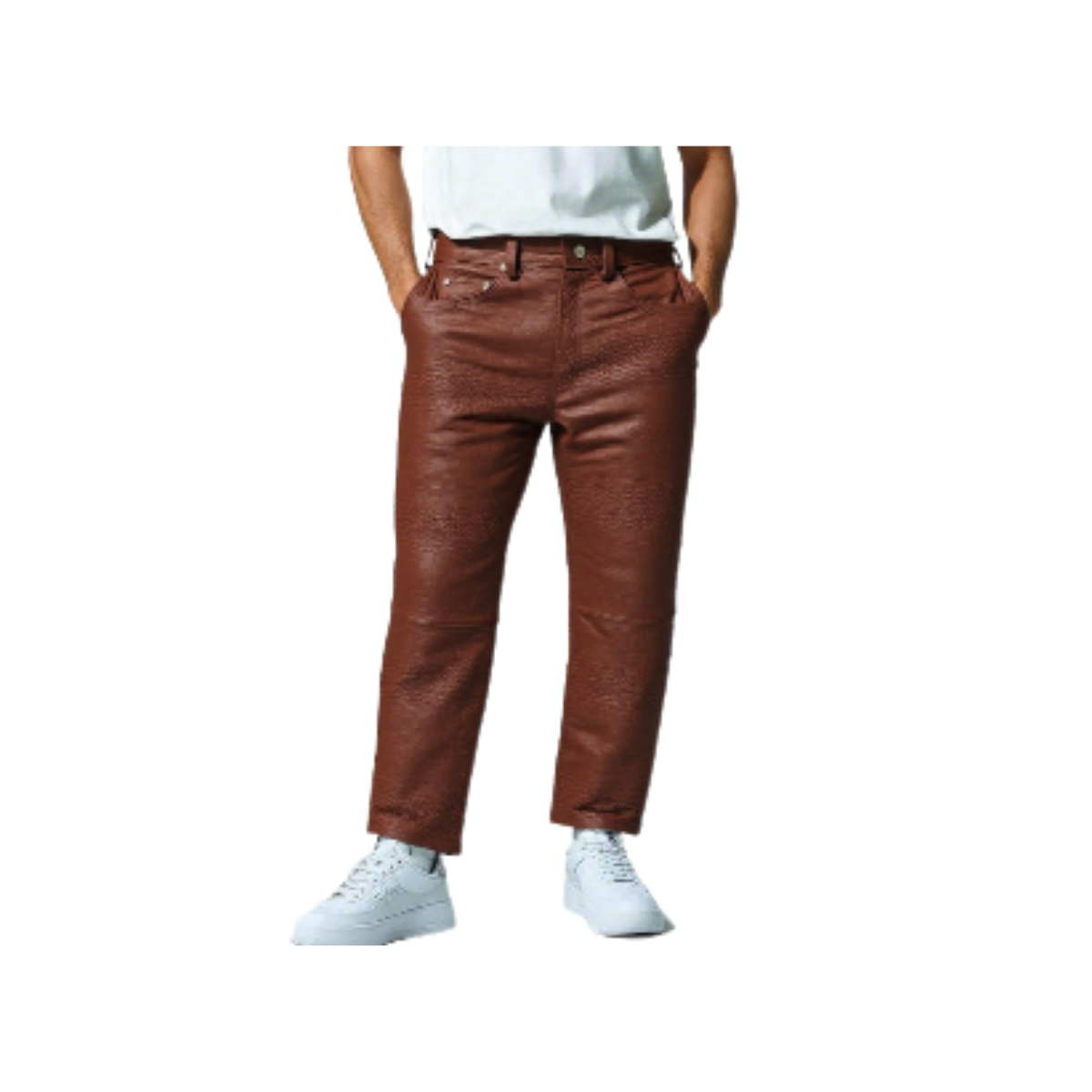 Men's Brown Croc-Print Leather Five-Pocket Jeans, view 2