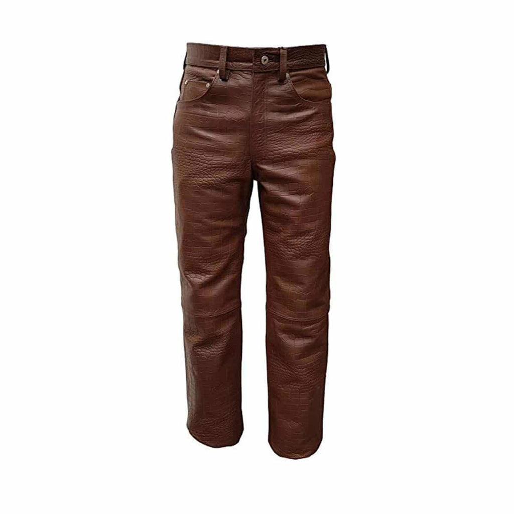 Men's Brown Croc-Print Leather Five-Pocket Jeans, view 3