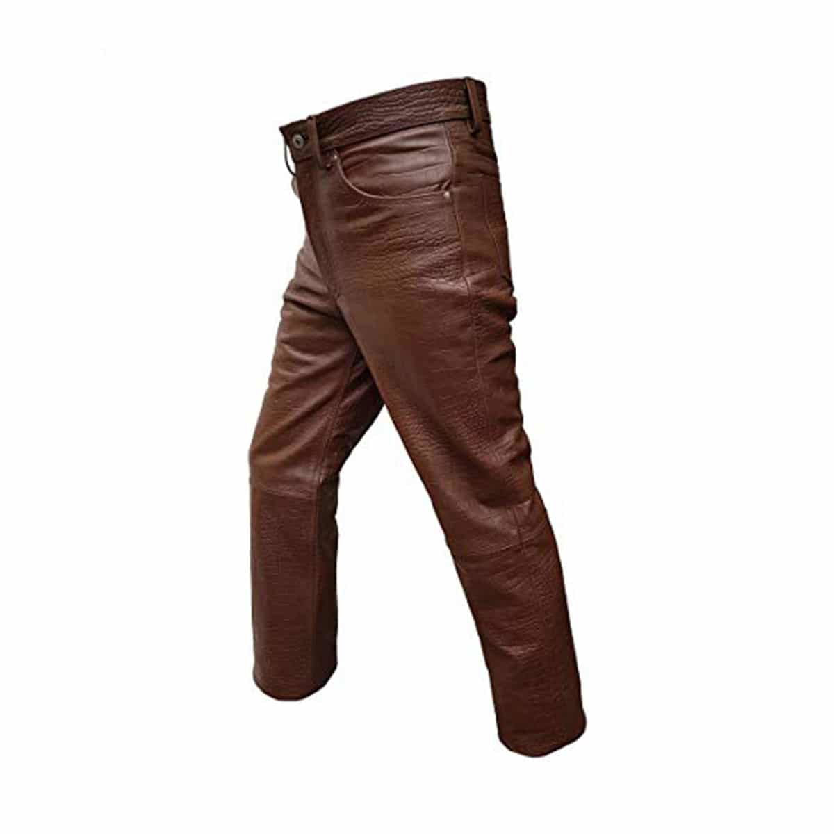 Men's Brown Croc-Print Leather Five-Pocket Jeans, view 4