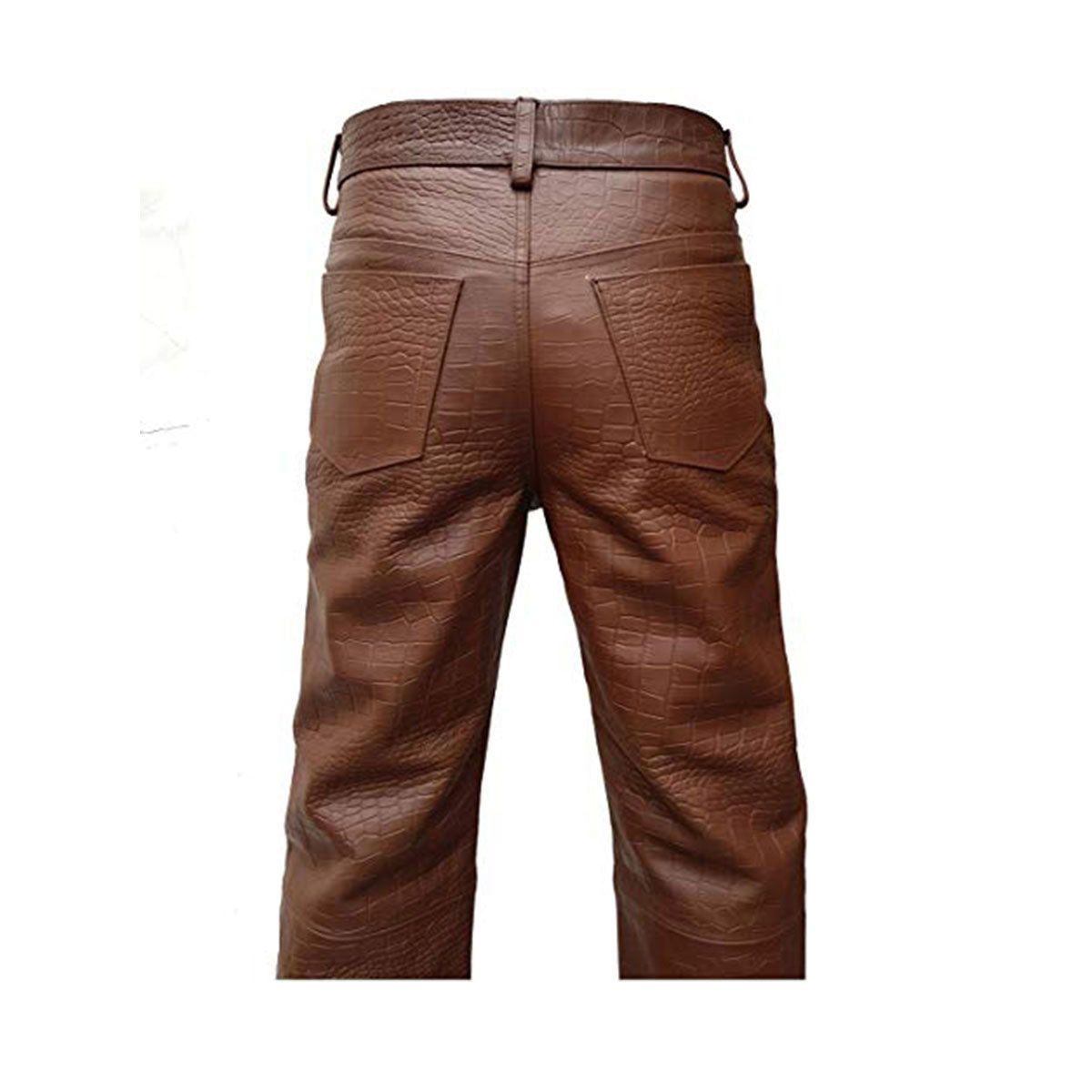 Men's Brown Croc-Print Leather Five-Pocket Jeans, view 5