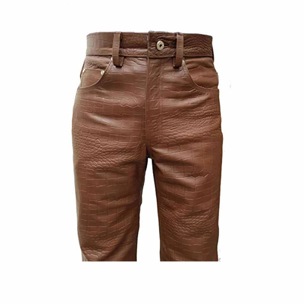 Men's Brown Croc-Print Leather Five-Pocket Jeans, view 6