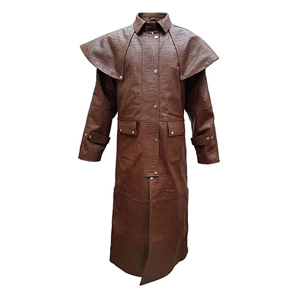 Men's Brown Croc-Print Leather Riding Duster, view 2