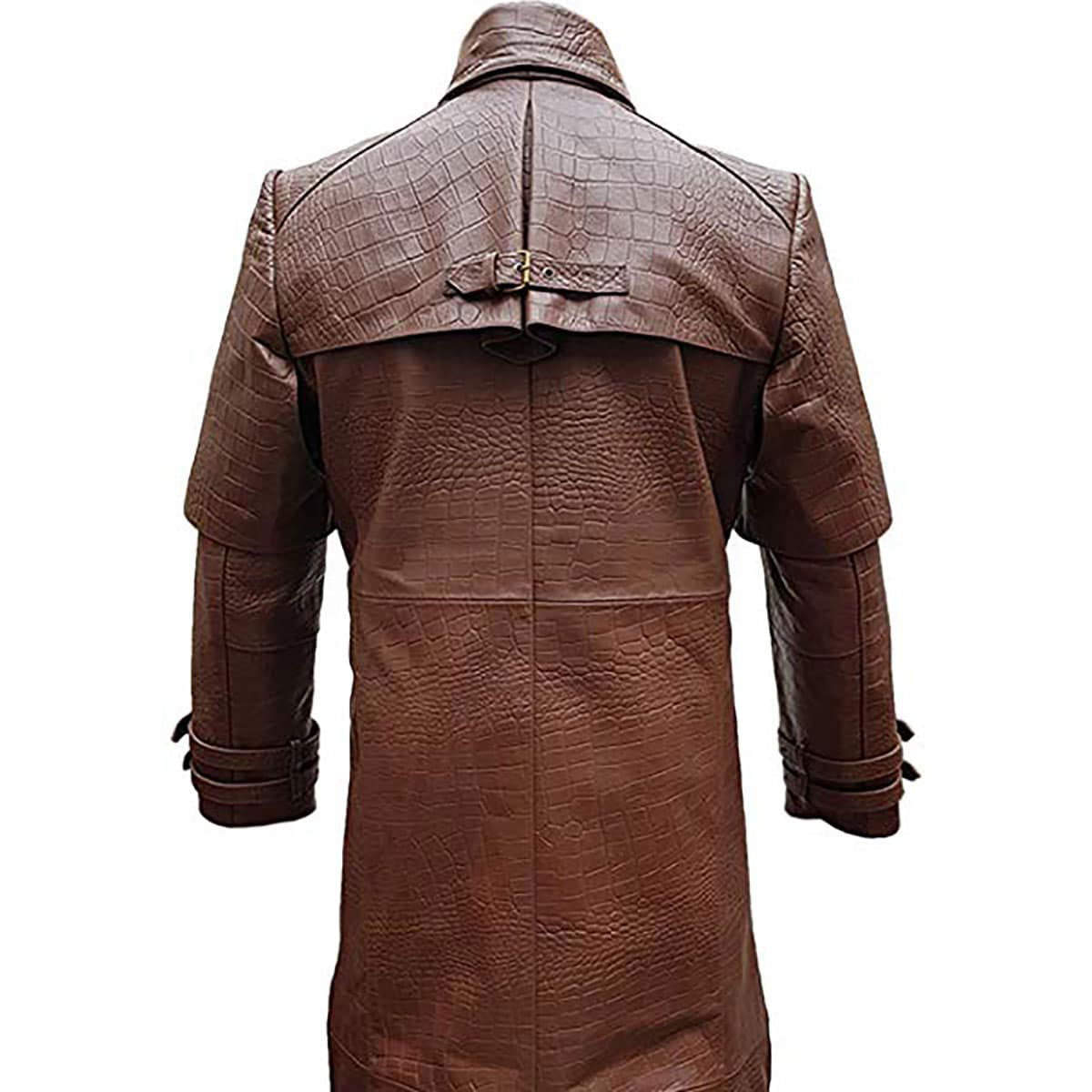 Men's Brown Croc-Print Leather Riding Duster, view 3