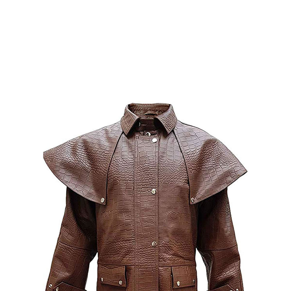 Men's Brown Croc-Print Leather Riding Duster, view 4