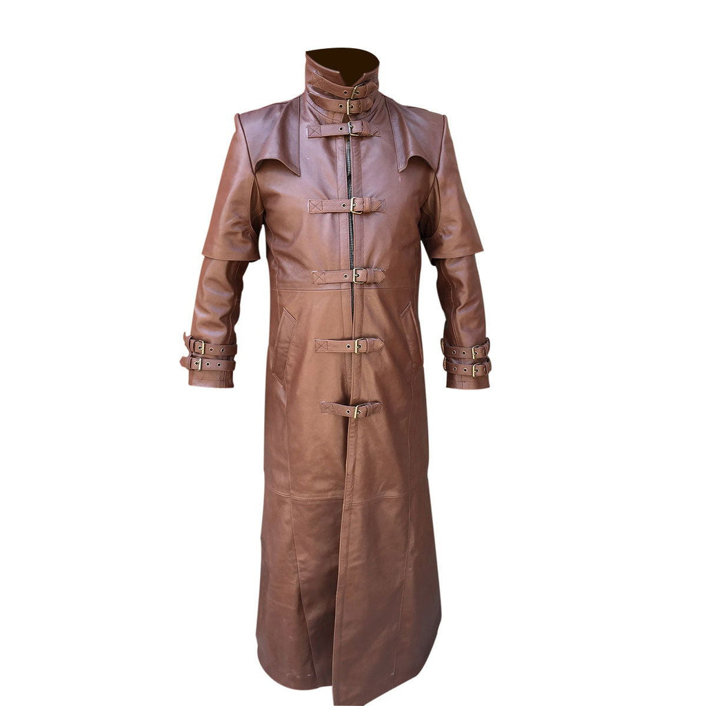 Men's Brown Leather Caped Duster – Five-Buckle Front