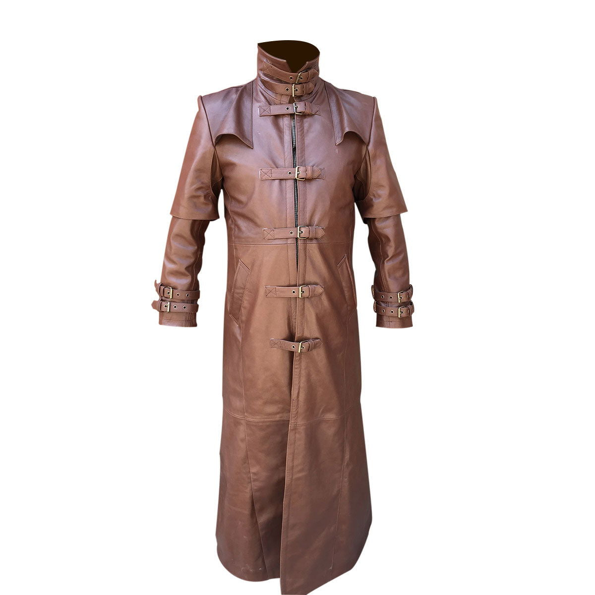 Men's Brown Leather Caped Duster – Five-Buckle Front